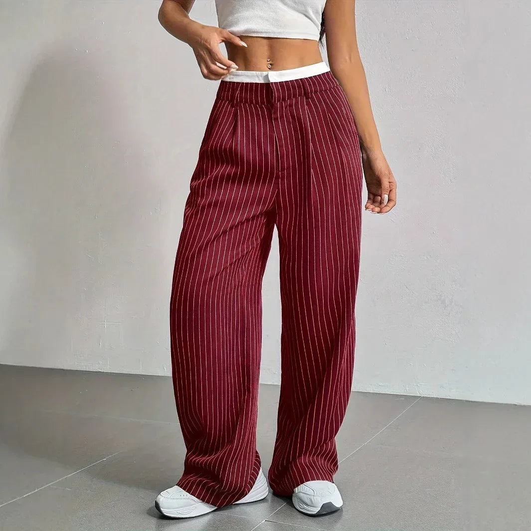 Stripe Printed Trousers Fashion High Waist Straight Leg Pants With Pocket Zipper Casual Suit Pants For Women - DanaFashionstore