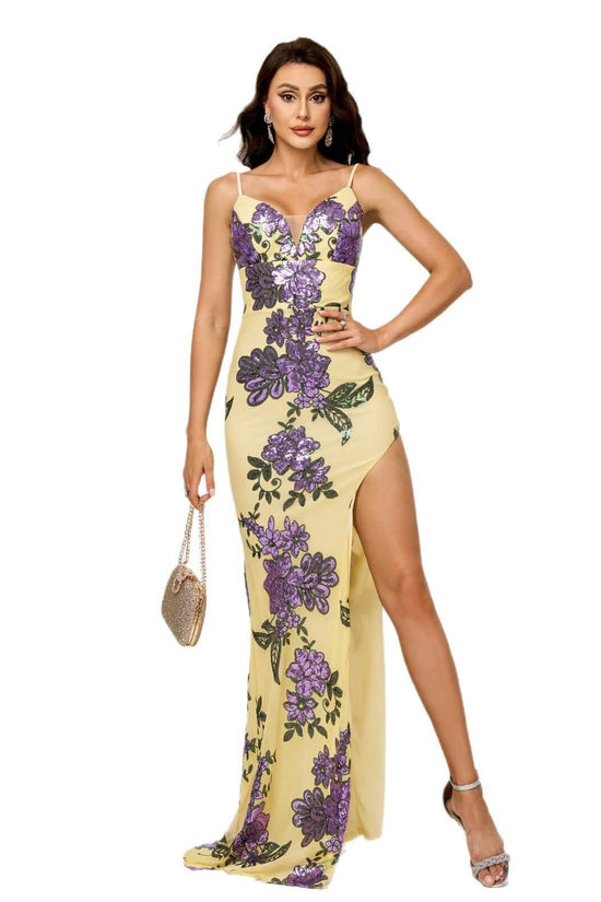 V-neck Brace Slim-fit Sheath Sequined Slit Evening Dress $104.40 Dana Fashion Color: Yellow Size: L Women's clothing Product information: Color: yellow Size: S,M,L,XL Style type: Elegant Popular elements: Sequins Style: Basic Fabric name: Polyester Craft:
