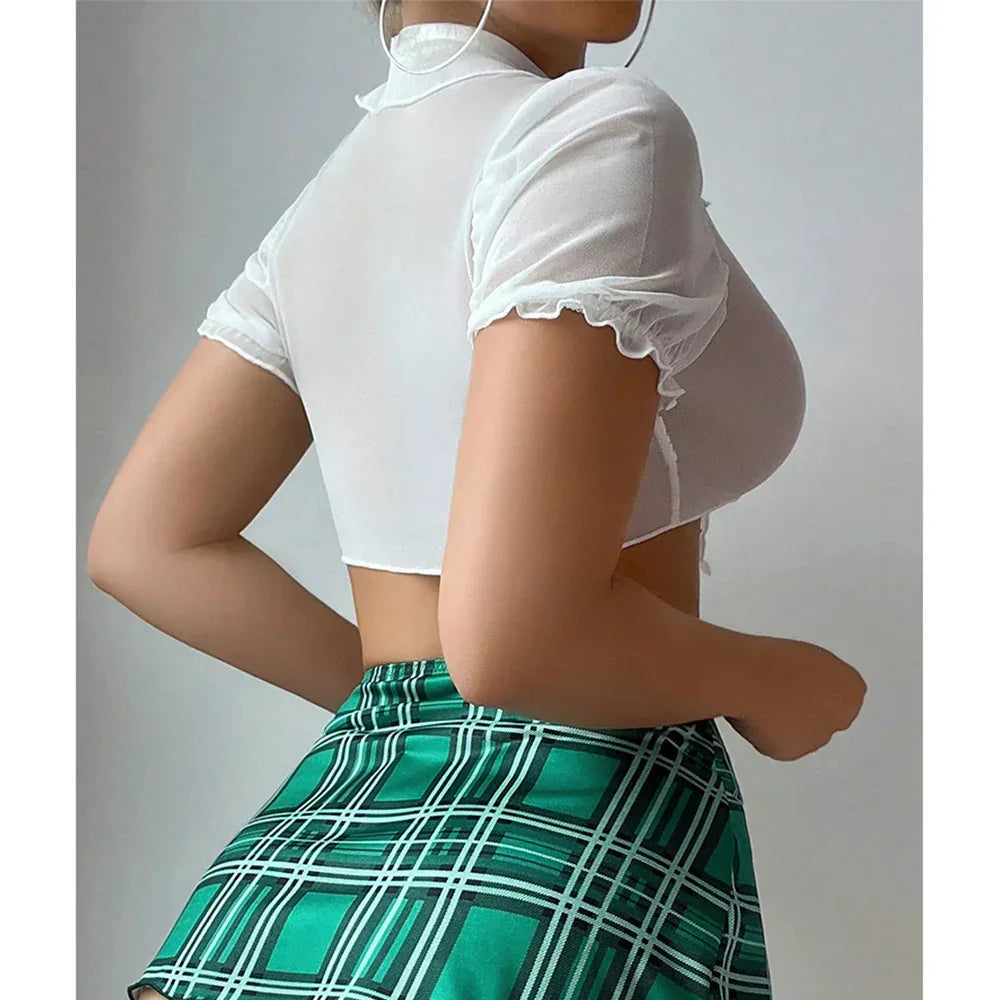 Sexy Underwear Top Tartan Skirt T Back Three-piece Set - DanaFashionstore