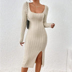Square Collar Knitted Dress Women 2026 - Long Sleeve Geometric Dress - DanaFashionstore