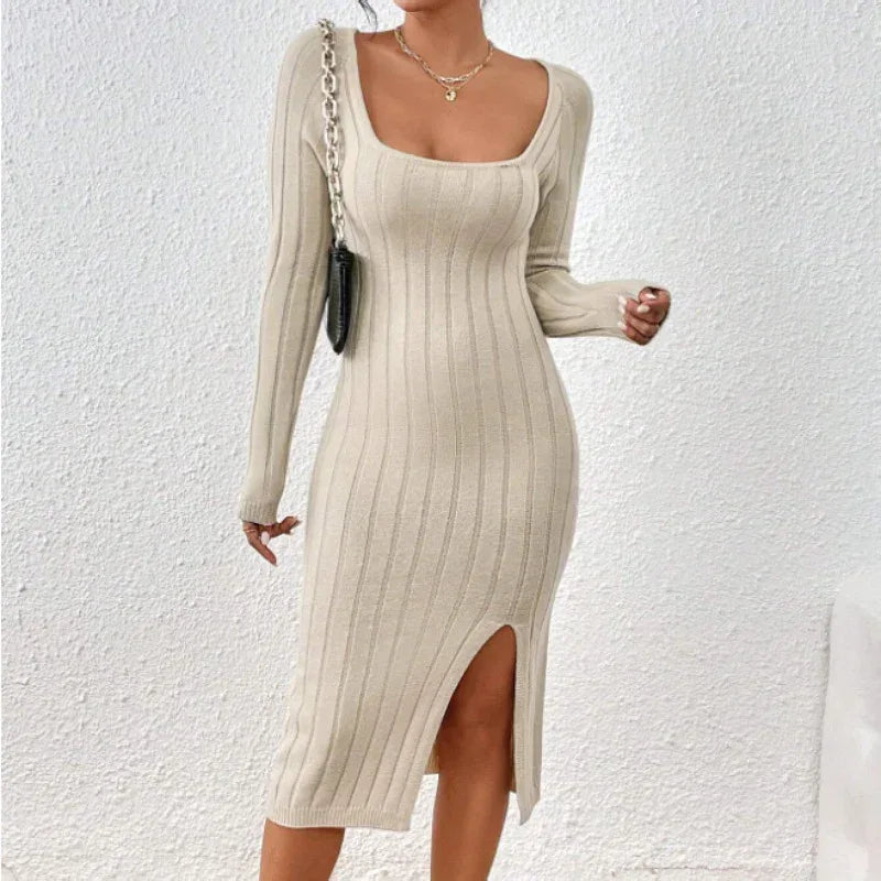Square Collar Knitted Dress Women 2026 - Long Sleeve Geometric Dress - DanaFashionstore
