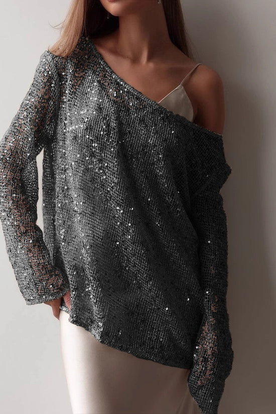 European And American Long Sleeve Hollow Loose Pullover Sequined Top Women's Clothing
