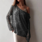 European And American Long Sleeve Hollow Loose Pullover Sequined Top Women's Clothing - DanaFashionstore