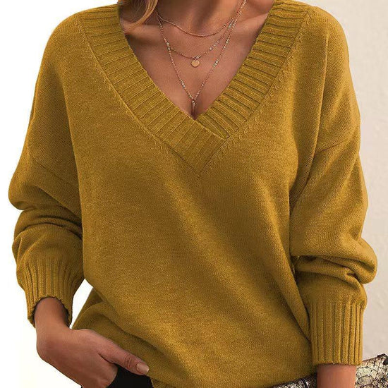 Solid V-neck Sweater Fashion Loose Long-sleeved Knitted Tops Autumn And Winter Women's Clothing - DanaFashionstore