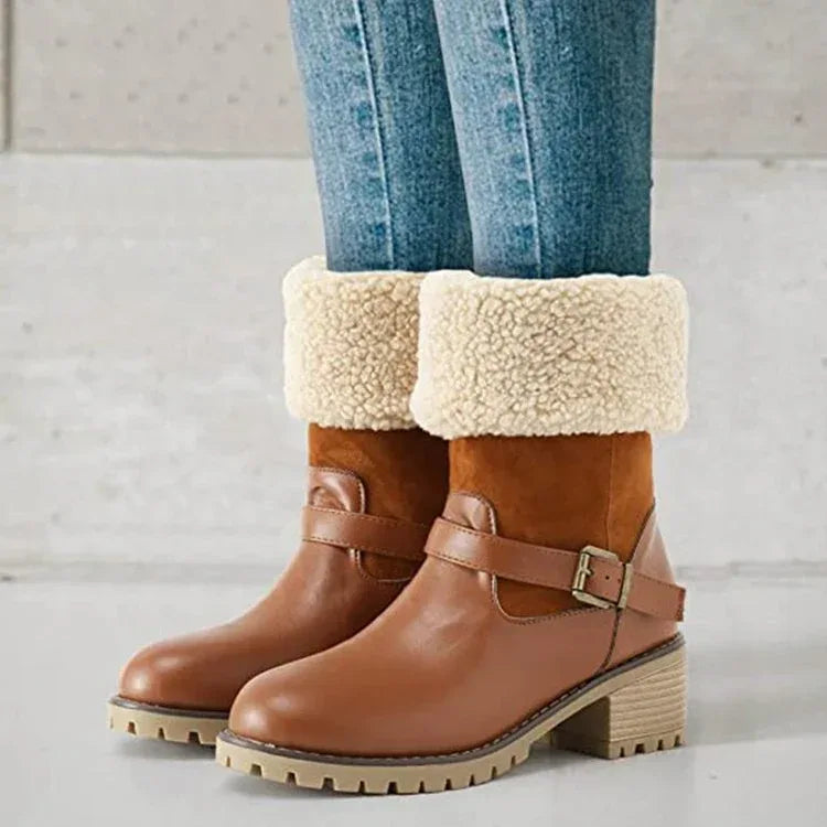 Fashion Boots With Buckle Chunky Heel Shoes Warm Winter Round Toe Western Boots For Women - DanaFashionstore