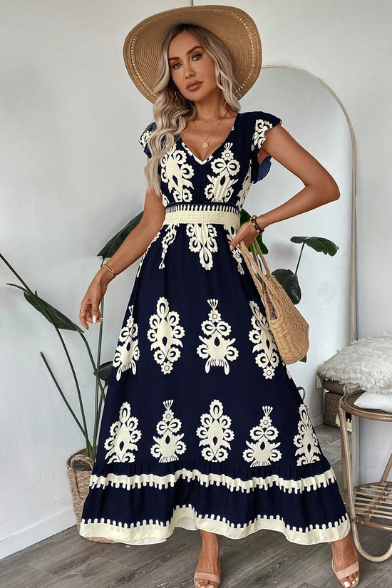 Trim Cap Sleeve Cinched Waist Ruffle Hem A-Line Dress