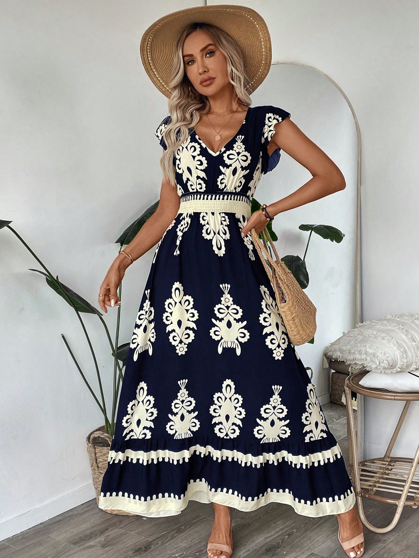 Trim Cap Sleeve Cinched Waist Ruffle Hem A-Line Dress