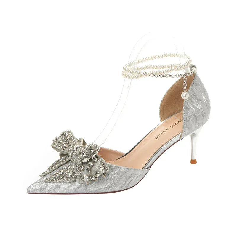Rhinestone Bow Pointy Hollow Pearl Heels - DanaFashionstore