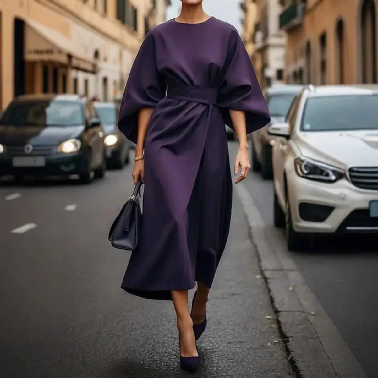 Loose Batwing Sleeve Dress Fashion Waist-tighted Solid Color Elegant Dresses For Women Clothing - DanaFashionstore