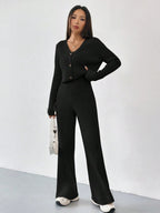 Solid Color Knitted Two-piece Women's V-neck Short Knitted Cardigan Bootcut Trousers Versatile Casual Women's Clothing