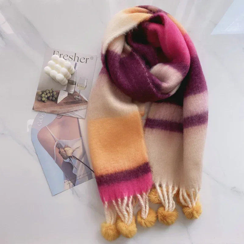 Rainbow Dopamine Mohair Tassel Scarf - DanaFashionstore
