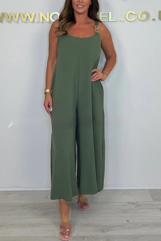 Solid Color Casual Sling Wide Leg Jumpsuit