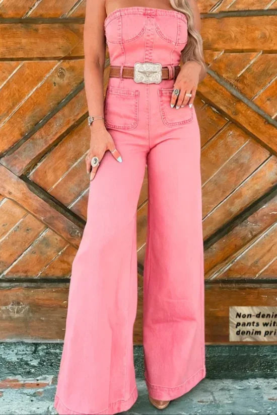 Tube Top Denim Print Wide-Leg Jumpsuit - DanaFashionstore