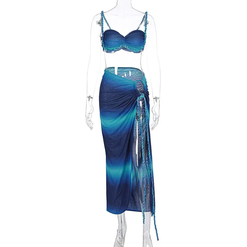 Sexy Fashion Beach Swimsuit Woven Halter Top Top Split Skirt Suit - DanaFashionstore