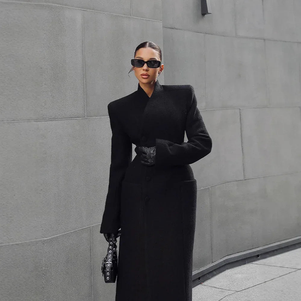 Temperament Shoulder-padded Waist-cinching Long Wool Coat For Women - DanaFashionstore