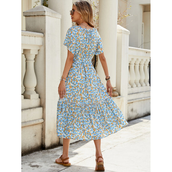 Sweet Silk Floral Lotus Leaf Sleeve Tight Waist Mid-length Short Sleeve Dress - Dana Fashion