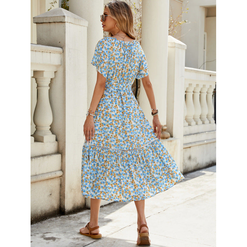 Sweet Silk Floral Lotus Leaf Sleeve Tight Waist Mid-length Short Sleeve Dress - Dana Fashion