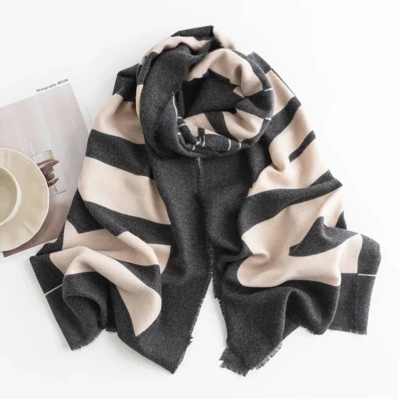 Herringbone Pattern Monochrome Artificial Cashmere Scarf Women's Simple Casual Style Tassel Warm Shawl - DanaFashionstore