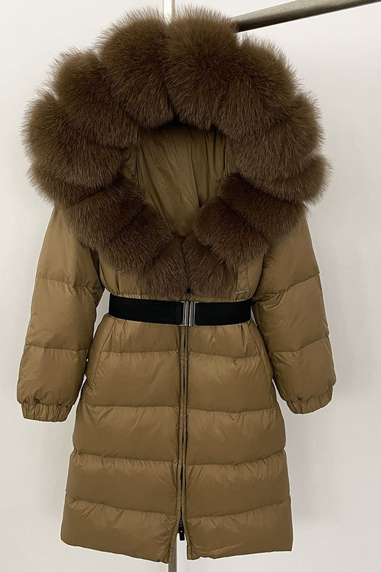 Women's Long Cinched Hoodie Real Fox Fur Collar Coat