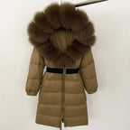 Women's Long Cinched Hoodie Real Fox Fur Collar Coat 2026 - Winter Jacket - DanaFashionstore