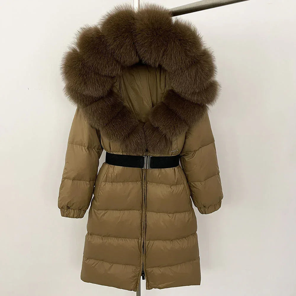 Women's Long Cinched Hoodie Real Fox Fur Collar Coat 2026 - Winter Jacket - DanaFashionstore