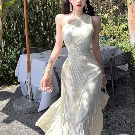 Spring Slant-Shoulder Defined-Waist Chiffon Elegant French-Style Dress For Women