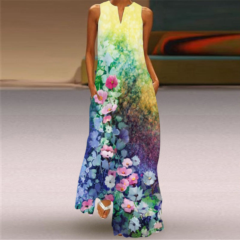 Butterfly Print Long Dress V-Neck Sleeveless