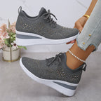 Ins Rhinestone Sneakers Fashion Lace Up Wedges Casual Shoes Women's Daily Commuting Sports Shoes - DanaFashionstore