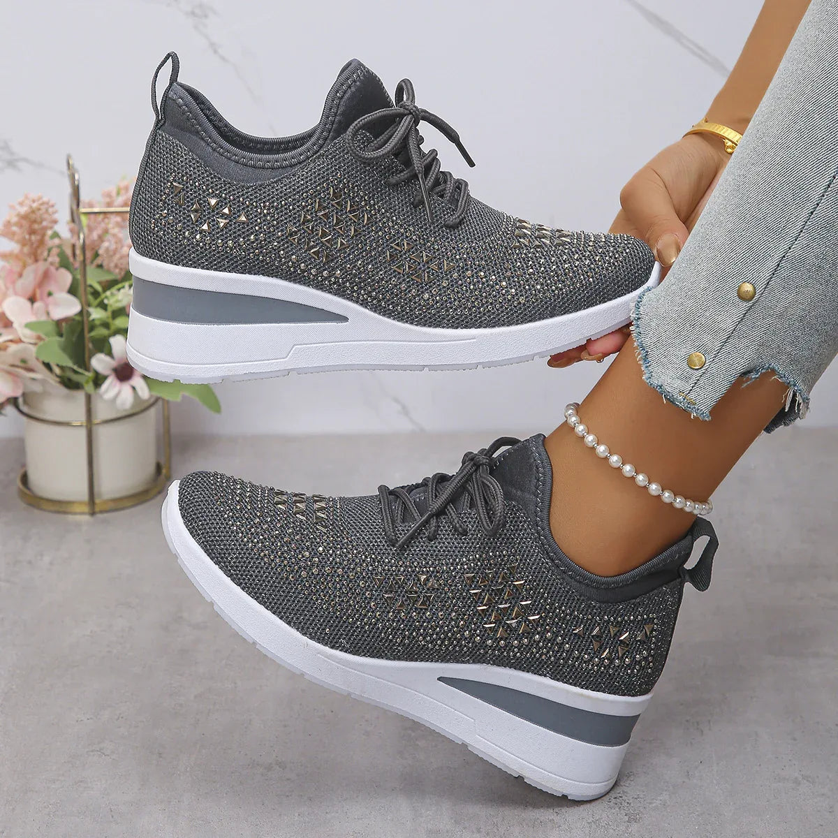 Ins Rhinestone Sneakers Fashion Lace Up Wedges Casual Shoes Women's Daily Commuting Sports Shoes - DanaFashionstore