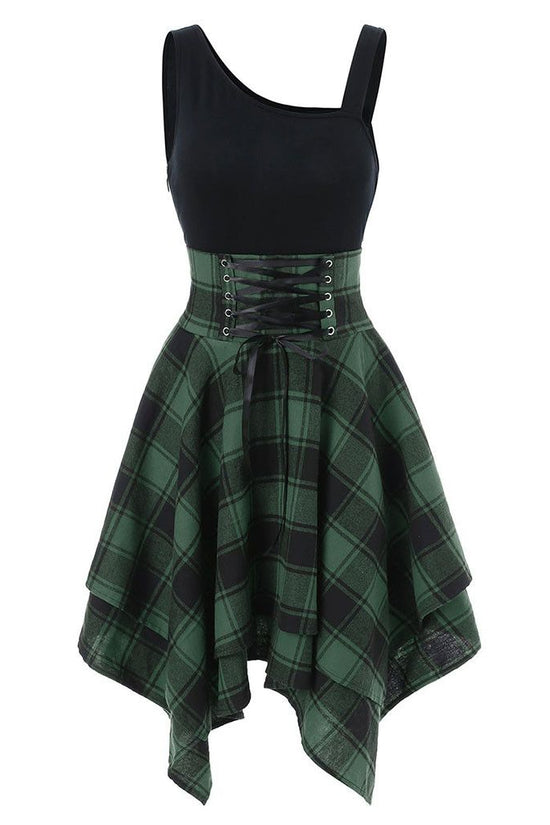 Fashion Plaid Suspender Elastic Waist Irregular Plaid Dress