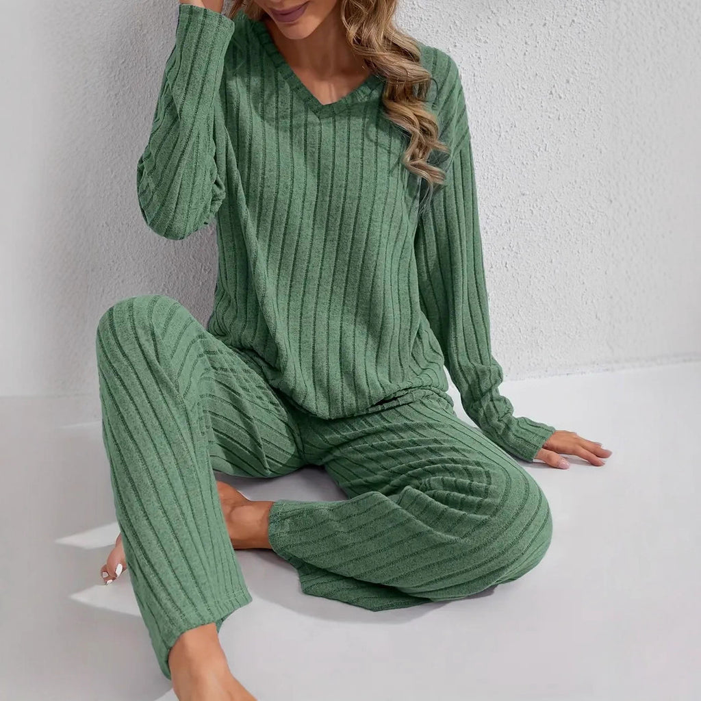 Ribbed Long-Sleeve Top And Pants Casual Comfortable Womens Loungewear Set