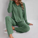 Ribbed Long-Sleeve Top And Pants Casual Comfortable Womens Loungewear Set