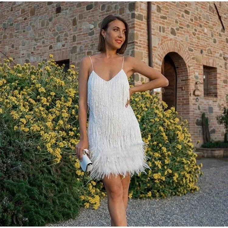 Sexy Tassel Sequins Feather Summer Mini Dress Women V Neck Spaghetti Strap Stitching Dresses Female Elegant Evening Party Club Dress - DanaFashionstore
