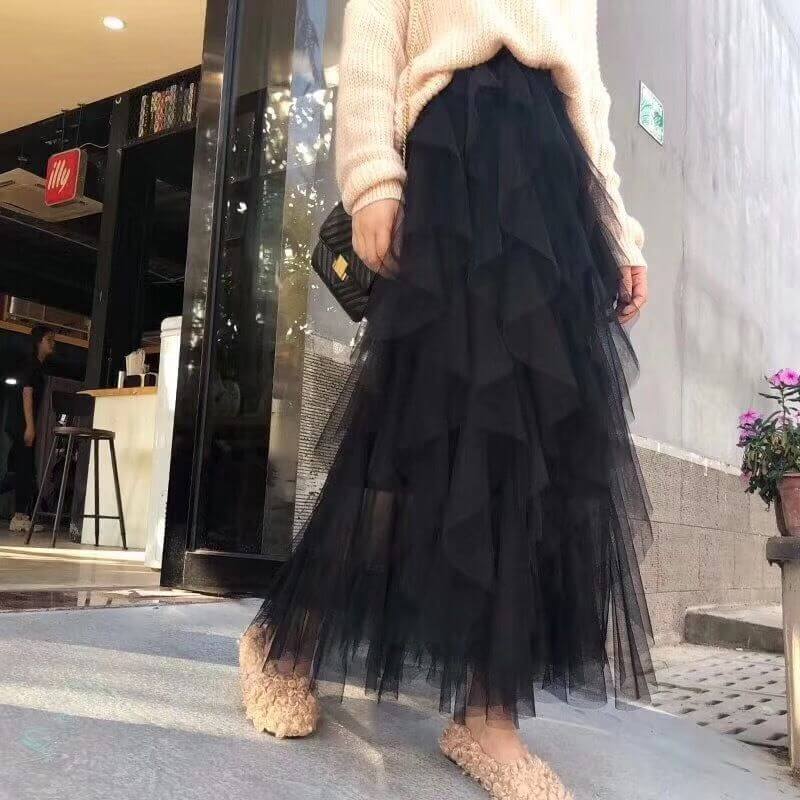 Cake Mesh Pleated Skirt For Women $32.50 Dana Fashion Color: Black Size: 2XL Women's clothing Product information: Fabric name: Mesh Color: white, light gray, black, pink, apricot, khaki, Rose Main fabric composition: Polyester (polyester fiber) Size: S r
