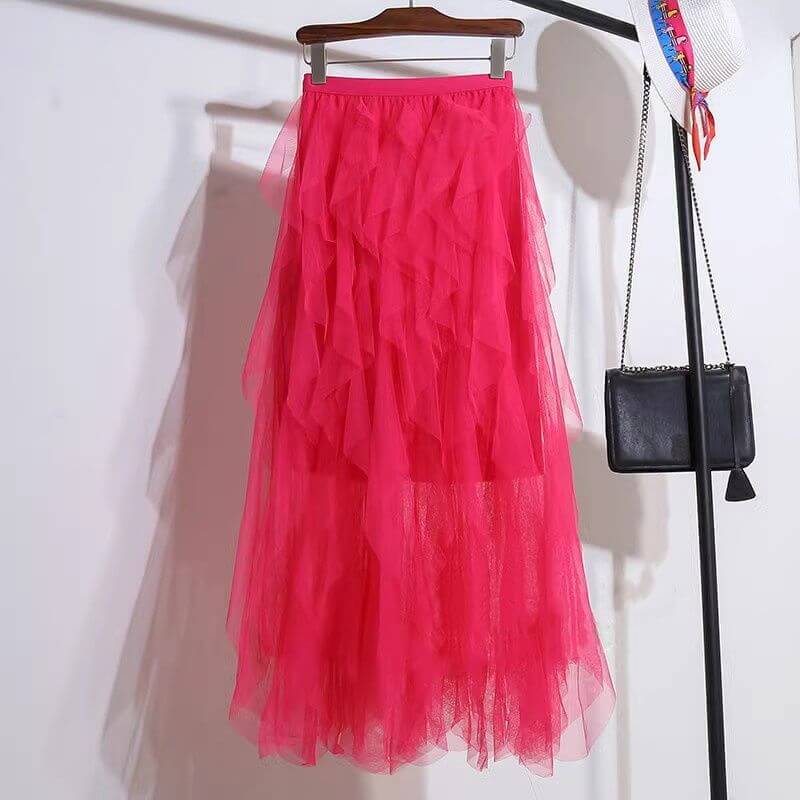 Cake Mesh Pleated Skirt For Women $32.50 Dana Fashion Color: Rose Red Size: 2XL Women's clothing Product information: Fabric name: Mesh Color: white, light gray, black, pink, apricot, khaki, Rose Main fabric composition: Polyester (polyester fiber) Size: