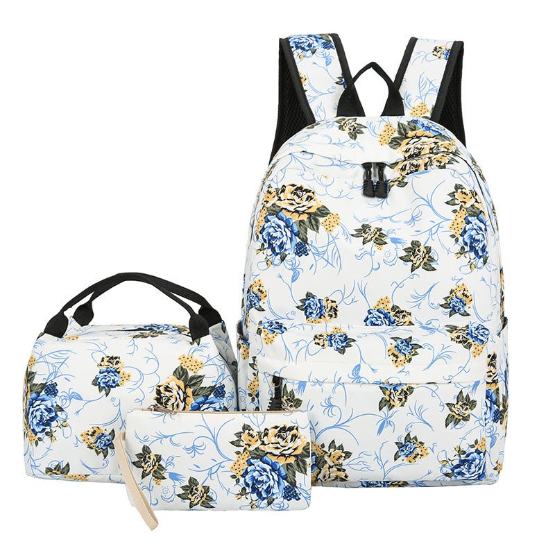 Casual Backpack Three-piece Large Capacity Student Schoolbag Japanese Style $40.50 Dana Fashion Color: All Blue Flowers Women's Bags Product information: Lining texture: Polyester Applicable scenarios: Business travel Color: pink stitching, full pink colo
