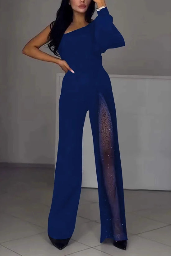 Fall Winter Fashion Sexy Oblique Shoulder High Slit Women's Jumpsuit