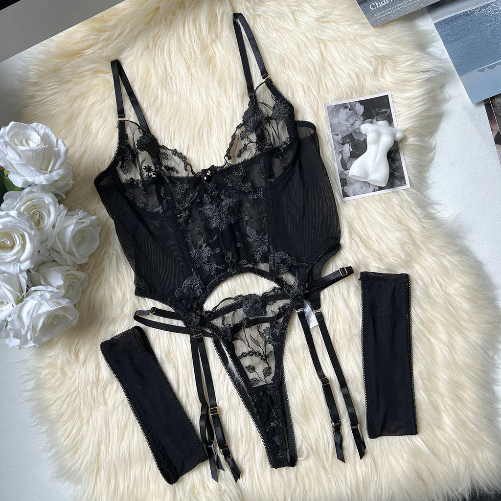 Three-point European And American Style Underwear Mesh Embroidery See-through Suit - DanaFashionstore
