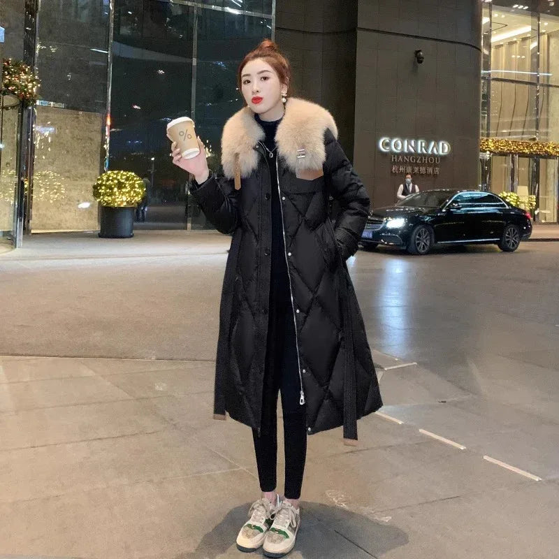 White Duck Slim Fit Down Jacket 2026 - Overknee Mid-Length Big Fur Collar Coat - DanaFashionstore