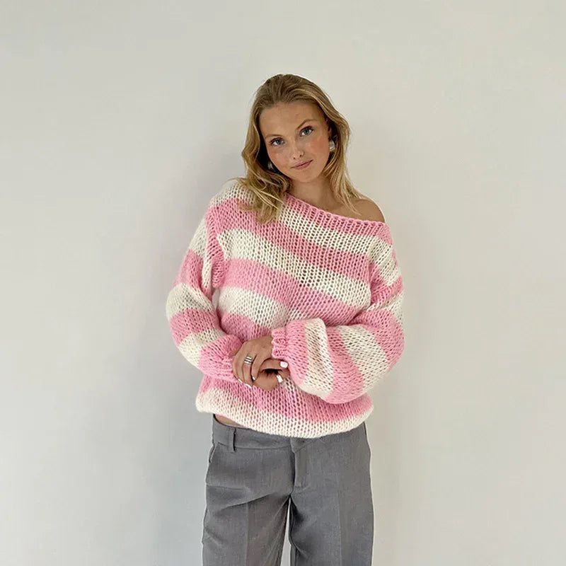 Loose Striped Pullover Sweater Fashion Versatile Long-sleeved Knitted Tops For Women Clothing - DanaFashionstore