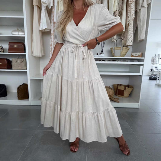 Summer V-neck Dress Wrapped Chest Solid Color Loose Lace-up Dress $45.90 Dana Fashion Color: Black Size: L Women's clothing Product information: Pattern: solid color Color: white, black, green Waist Type: Mid waist Size: S,M,L,XL,XXL,XXXL Skirt length: lo
