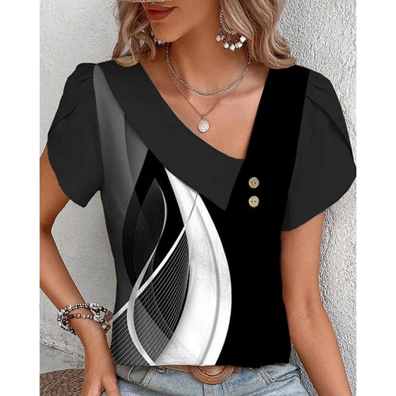 Casual Diagonal Collar Short-sleeved T-shirt