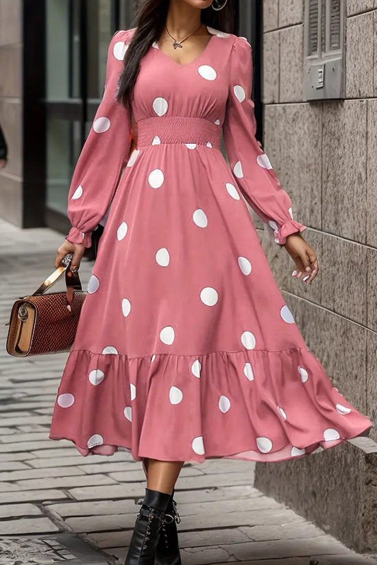 V-neck Long Sleeve Ruffled Hem Dress - Dana Fashion