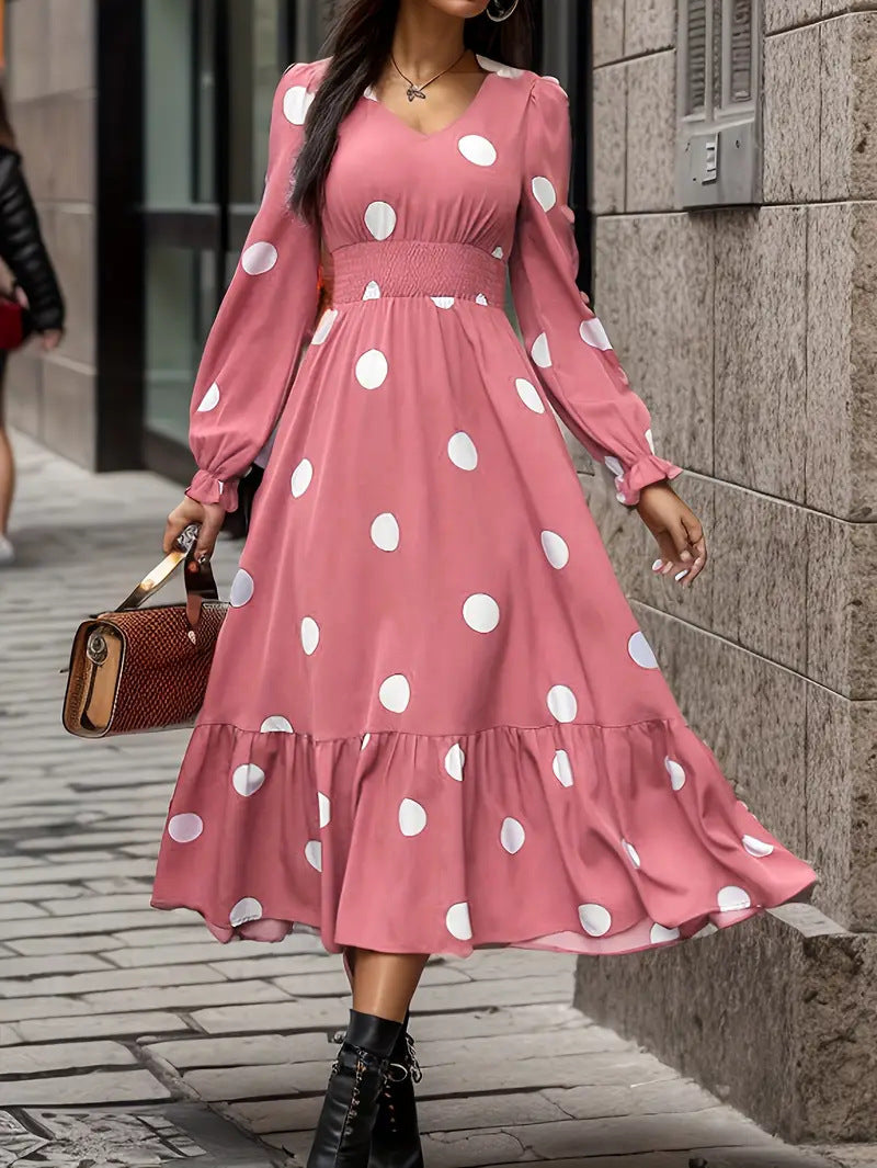 V-neck Long Sleeve Ruffled Hem Dress - Dana Fashion