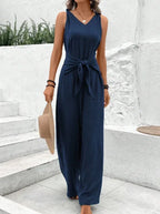 Blue V-Neck Twist Strap Jumpsuit For Women - DanaFashionstore