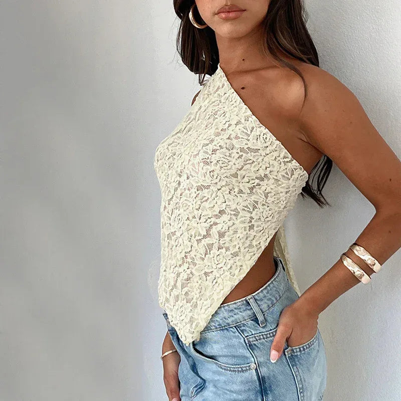 Ins Lace Backless Top Summer Solid Color Waistless Asymmetrical Sloped Neck Vest Streetwear Womens Clothes - DanaFashionstore