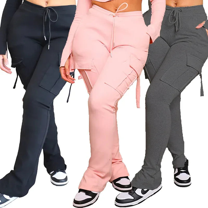 Cargo Pants With Pockets High Waist Drawstring Wide Leg Straight Trousers For Women Overalls - DanaFashionstore