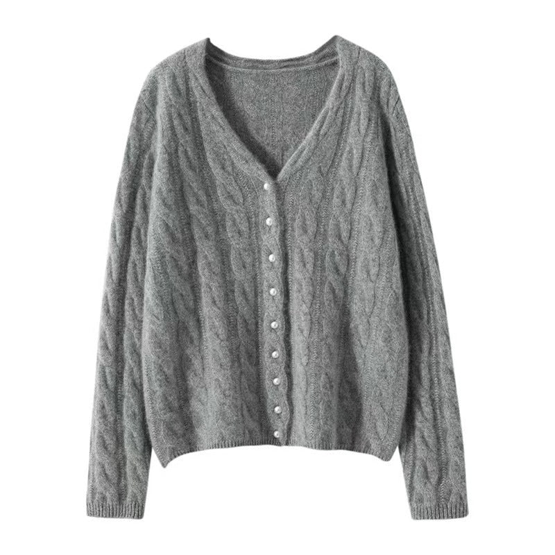 Twisted Pearl-Button V-Neck OuterwearLayering Top Knitted Sweater Jacket
