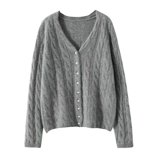 Twisted Pearl-Button V-Neck OuterwearLayering Top Knitted Sweater Jacket
