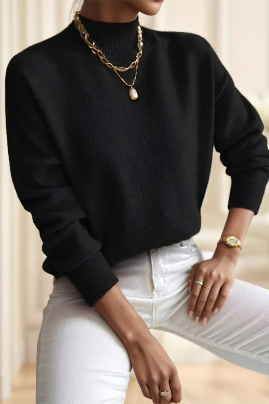 A Solid-color Long-sleeved Top With A High Neckline For Ladies